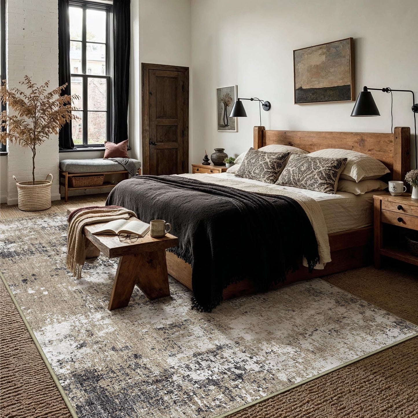 PureCozy 5x7 Abstract Area Rug Brown Washable Non Slip Living Room Carpet Modern Neutral Low Pile Soft Bedroom Throw Rug Contemporary Indoor for Kitchen Office Laundry Dining Room Bathroom