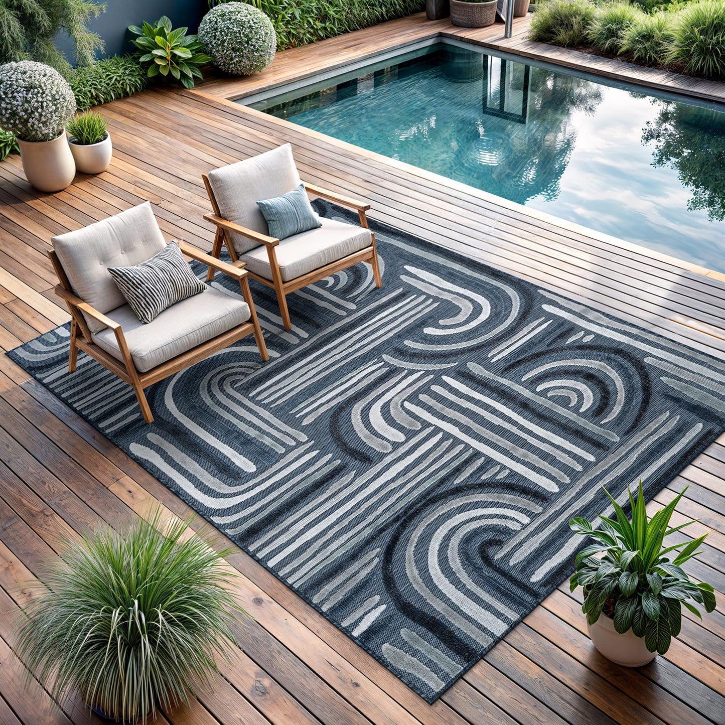 CAMILSON Indoor Outdoor Rug, Navy Blue 10x14 Geometric Arch Striped Large Area Rugs for Patio and Home Areas, Easy-Cleaning Non-Shedding Living Room, Garden and Deck Washable Outside Carpet 10 x 14