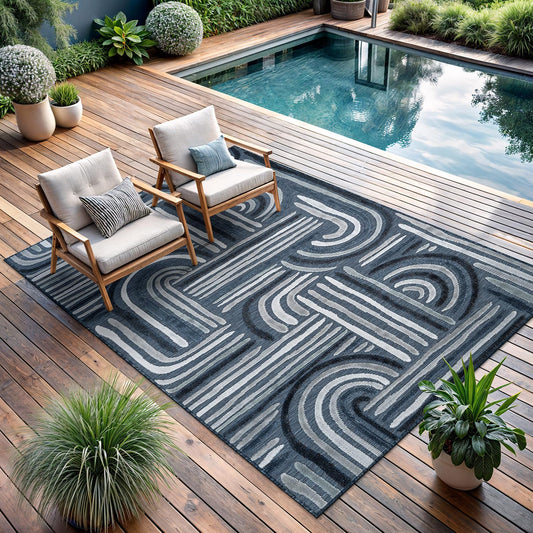CAMILSON Indoor Outdoor Rug, Navy Blue 10x14 Geometric Arch Striped Large Area Rugs for Patio and Home Areas, Easy-Cleaning Non-Shedding Living Room, Garden and Deck Washable Outside Carpet 10 x 14