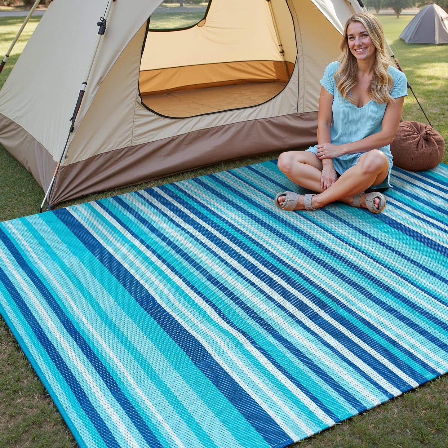 WondRg Outdoor Plastic Straw Rug Waterproof Patio 5x8 Blue Teal Stripe Mat for Porch Camping RV Balcony Deck Courtyard Reversible Lightweight Durable Portable Carpet
