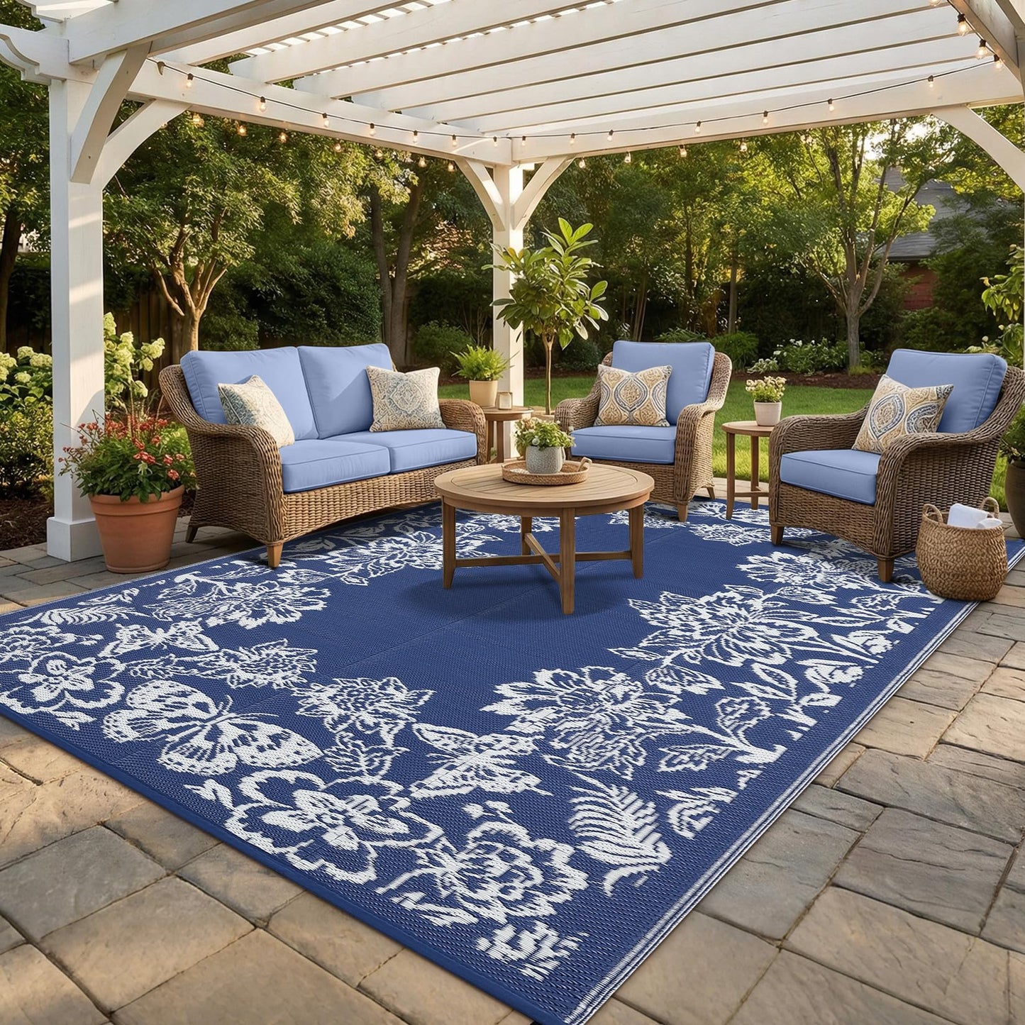 GarveeHome Outdoor Rug 9x18 Patio Waterproof, Reversible Plastic Straw Rugs for Camping, Picnic, Balcony, Porch, RV, Easy-Clean & Quick Dry Floral Pattern Large Indoor Outdoor Carpet, Dark Blue