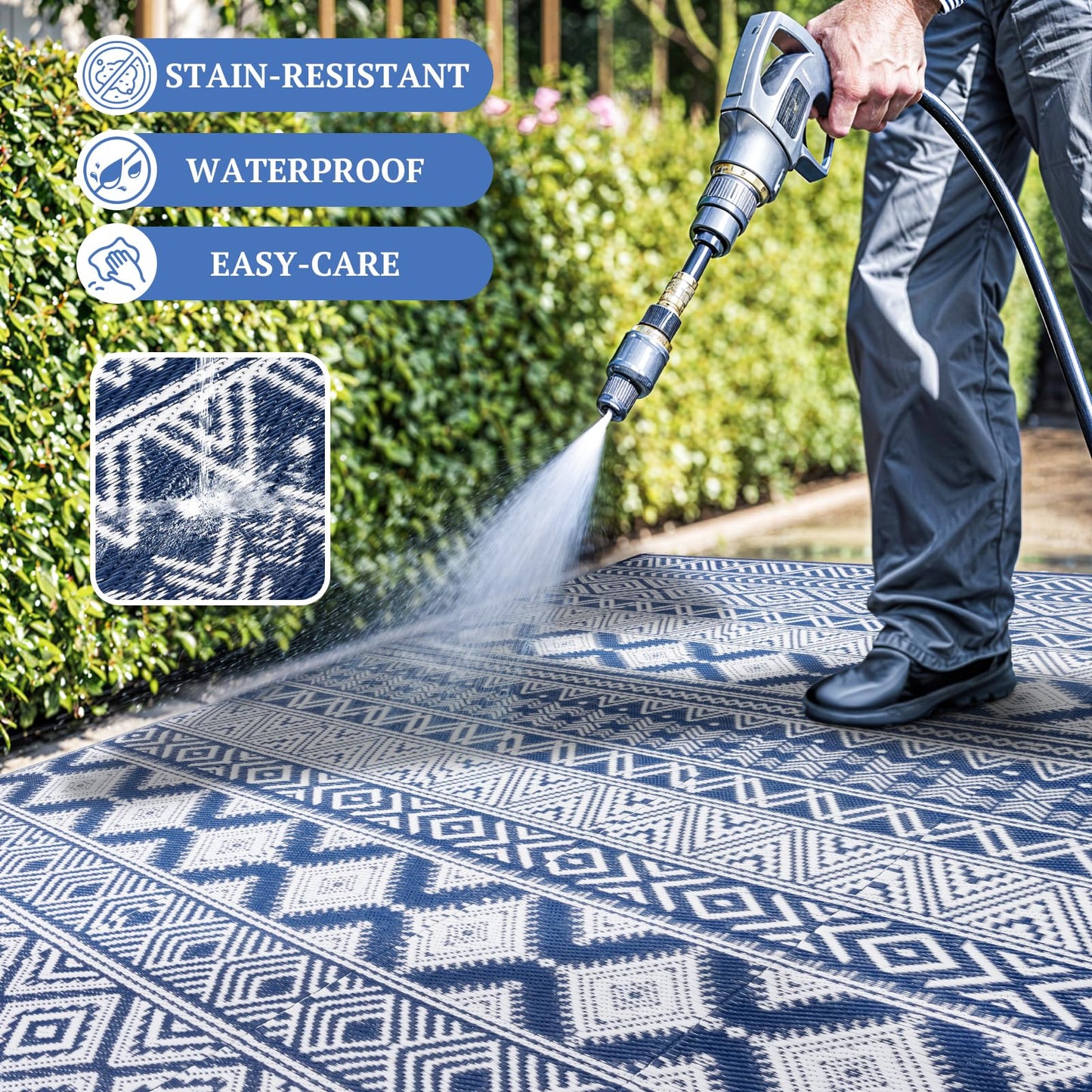 Waterproof Outdoor Rug 8x10 ft, Reversible Plastic Straw Patio Camping Rugs, Outdoor Indoor RV Mat Carpet for Patio, Outside Entry, Backyard, Deck, Bench, Picnic, Camper(8x10,Blue&White)
