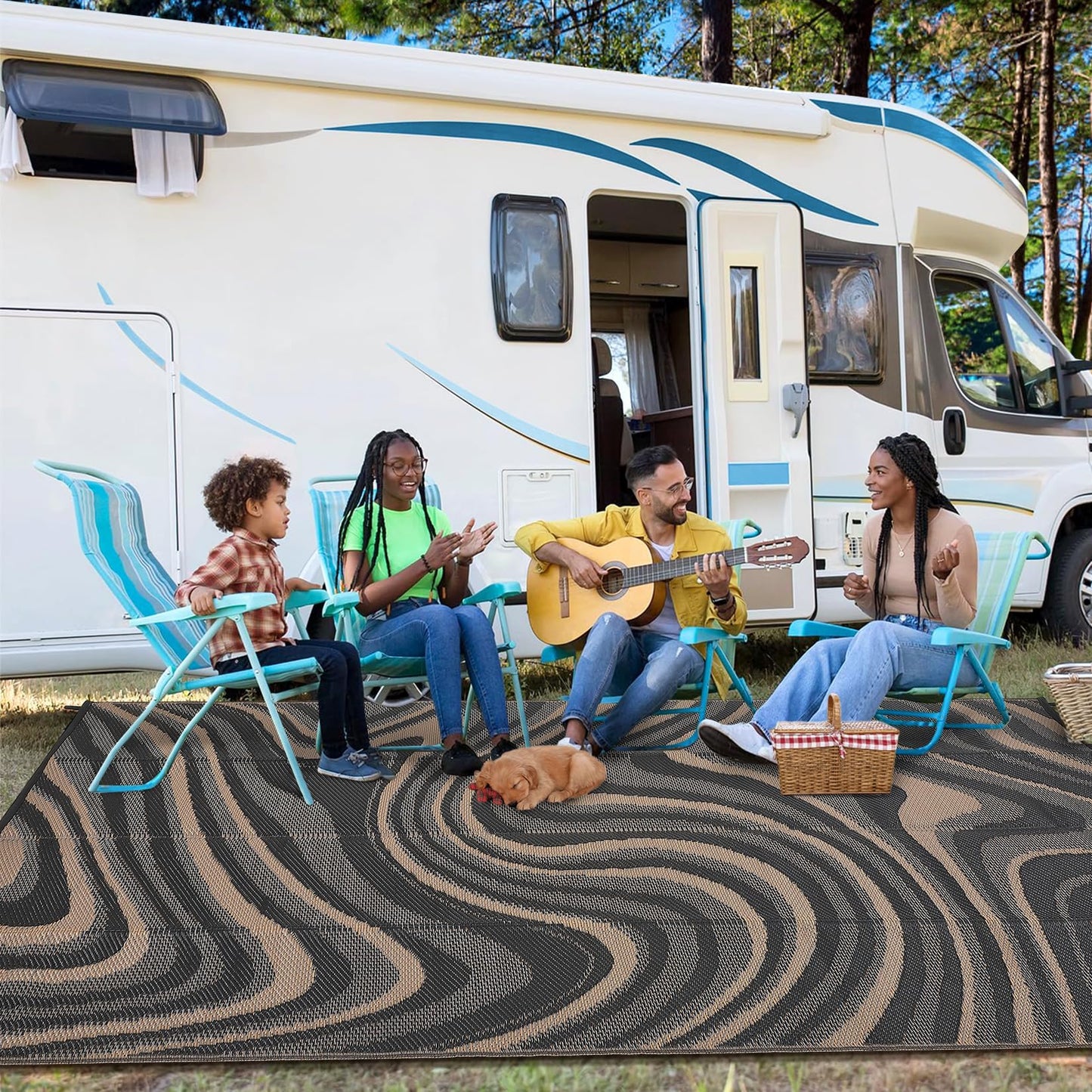 MilleLoom Patio Modern Abstarct Outdoor Rug 10x14 Waterproof Large Reversible Camping Mat Foldable Lightweight Plastic Straw Outdoor Rug for Deck, Camper, Balcony, Beach, Rv，Black/Gray/Brown