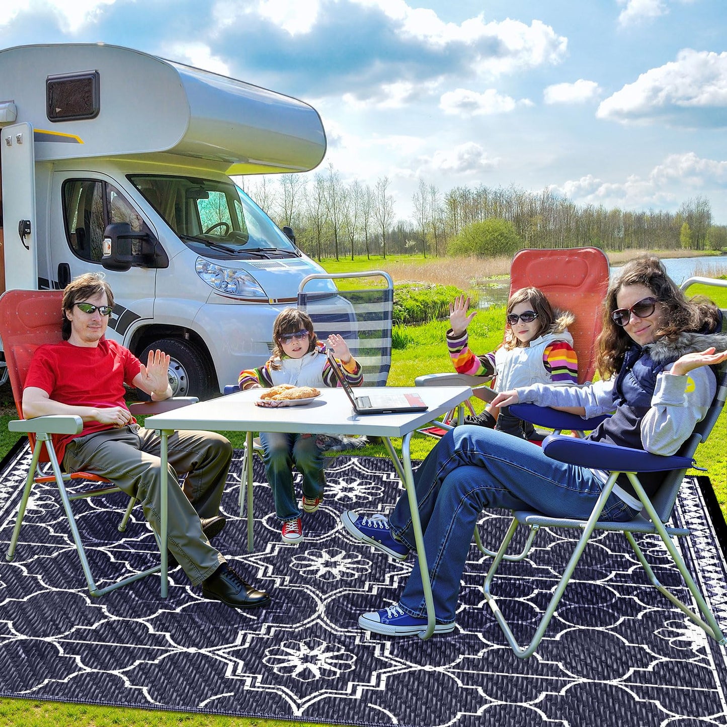 6x9Ft Outdoor Rug, Solar Powered Outdoor Rug with 94LEDs Strip Lights for House Deck, Waterproof Plastic Reversible Outdoor Straw Rugs, Rugs Mat RV Camping Patio Beach Balcony Picnic (Blue White)