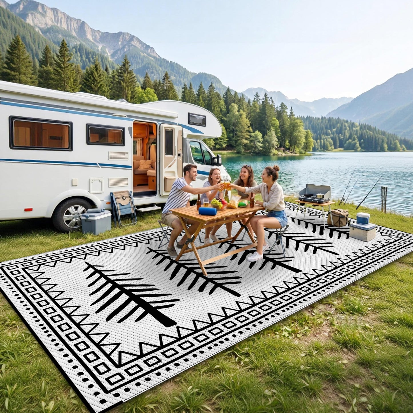 CircleRoad RV Outdoor Rug 9x12 Waterproof Patio Rug Mat with 4 Stakes UV Resistant Reverisble Plastic Straw Outdoor Rug with Carry Bag for RV Camping Picnic Beach
