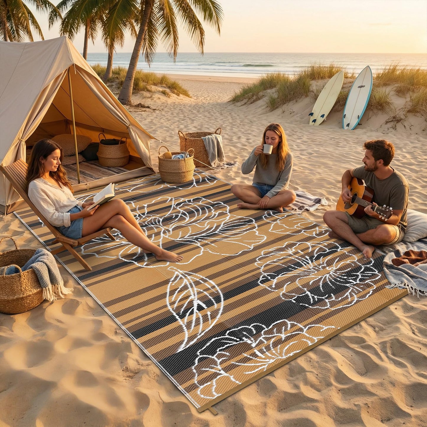 Garvee 5x8 Outdoor Waterproof Rug, Floral Outdoor Area Rug，Reversible Plastic Straw Patio Rug, Portable Camping Mat for RV, Picnic, Beach, Balcony, Garden & Camping Black&Brown