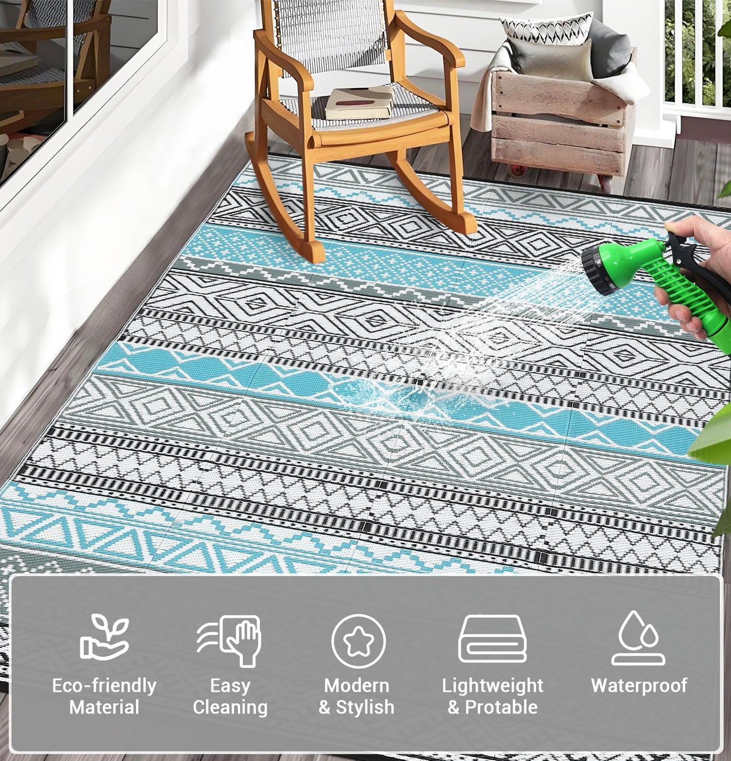 GlowSol Outdoor Rugs 9x12 Waterproof Portable Camping Carpet, Reversible Outdoor Plastic Straw Rug for Patio, RV Mat Bohemian Outdoor Rugs for Porch, Deck, Backyard, Balcony, Picnic,Blue/Grey