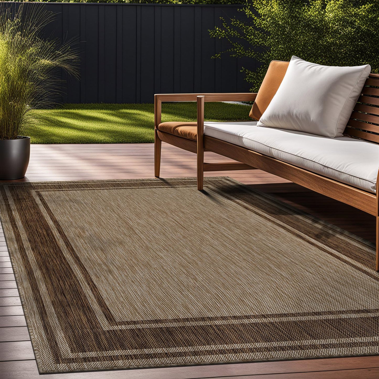 Beverly Rug Outdoor Rug 5x7 Modern Bordered Area Rugs for Indoor and Outdoor Patio Deck Porch Garden Waterproof Weather Sun Resistant Washable Outside Carpet (5 x 7 Jute)