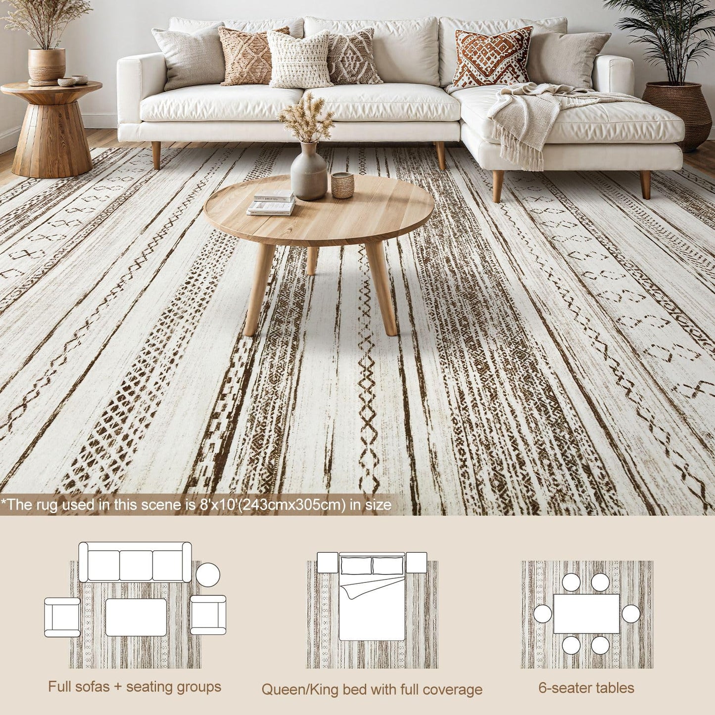 Tortania Area Rug Living Room Rugs - 8x10 Washable Large Soft Neutral Boho Moroccan Bohemian Farmhouse Rug Indoor Floor Carpet for Bedroom Under Dining Table Home Office Decor - Cream Brown
