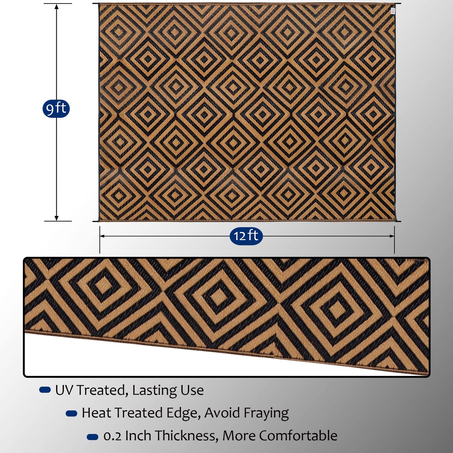 Ridota Reversible Mats, Outdoor Patio Rugs, Plastic Straw Rug, Modern Area Rug, Floor Mat for Outdoors, RV, Patio, Backyard, Deck, Picnic, Beach, Trailer, Camping (Diamond Black & Brown, 9' x 12')