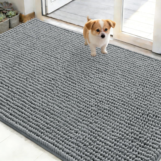 OLANLY Dog Door Mat for Muddy Paws 48x30, Ultra Absorbent Chenille Mud Doormat, Non-Slip Washable and Dirt Trapping Doormat for Indoor Entryway, Quick-Dry Indoor Pet Bed Mats for Dogs, Grey