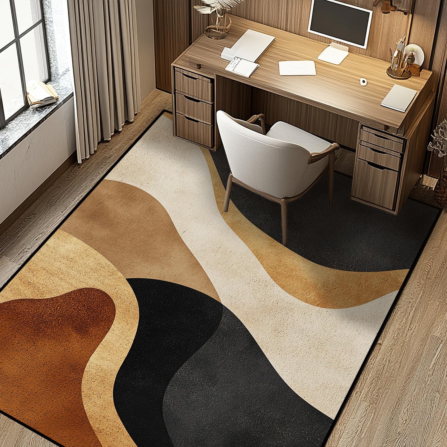 Brown Abstract Area Rug Black Tan Washable 5x7 Rugs for Living Room Bedroom Earth Tone Non-Slip Soft Floor Large Carpet for Office Entryway Bathroom