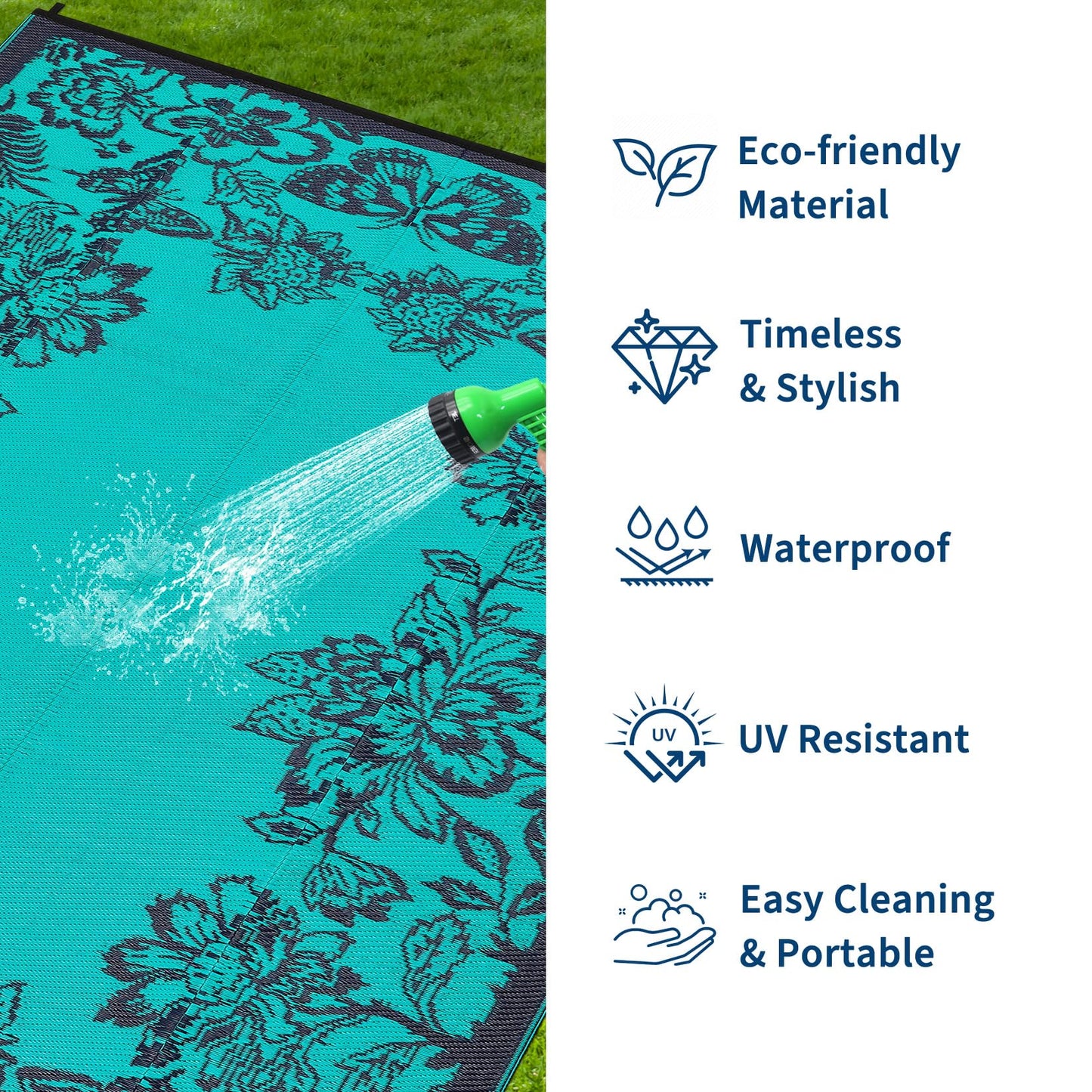 GarveeHome Outdoor Rug 9x12 Patio Waterproof, Reversible Plastic Straw Rugs for Camping, Picnic, Balcony, Porch, RV, Easy-Clean & Quick Dry Floral Pattern Large Indoor Outdoor Carpet, Teal