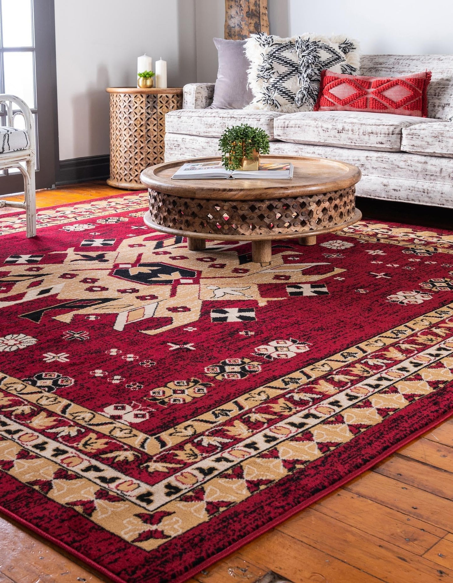 Unique Loom Taftan Collection Border Geometric Tribal Inspired Design Area Rug (8' 0 x 8' 0 Square, Red/ Gold)