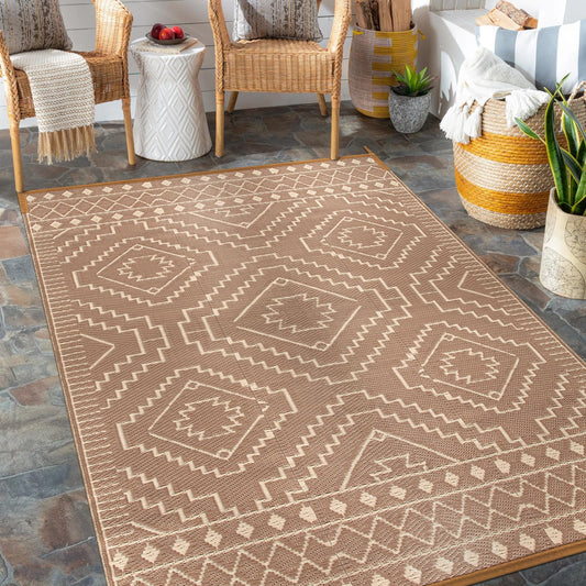 Wonnitar Waterproof Outdoor Rug 5x8, Reversible Plastic Straw RV Rug for Camping, Outside Patio Area Rug, Indoor Outdoor Portable Mat for Picnic Backyard Balcony Deck Decor (Beige & Brown,5'x8')