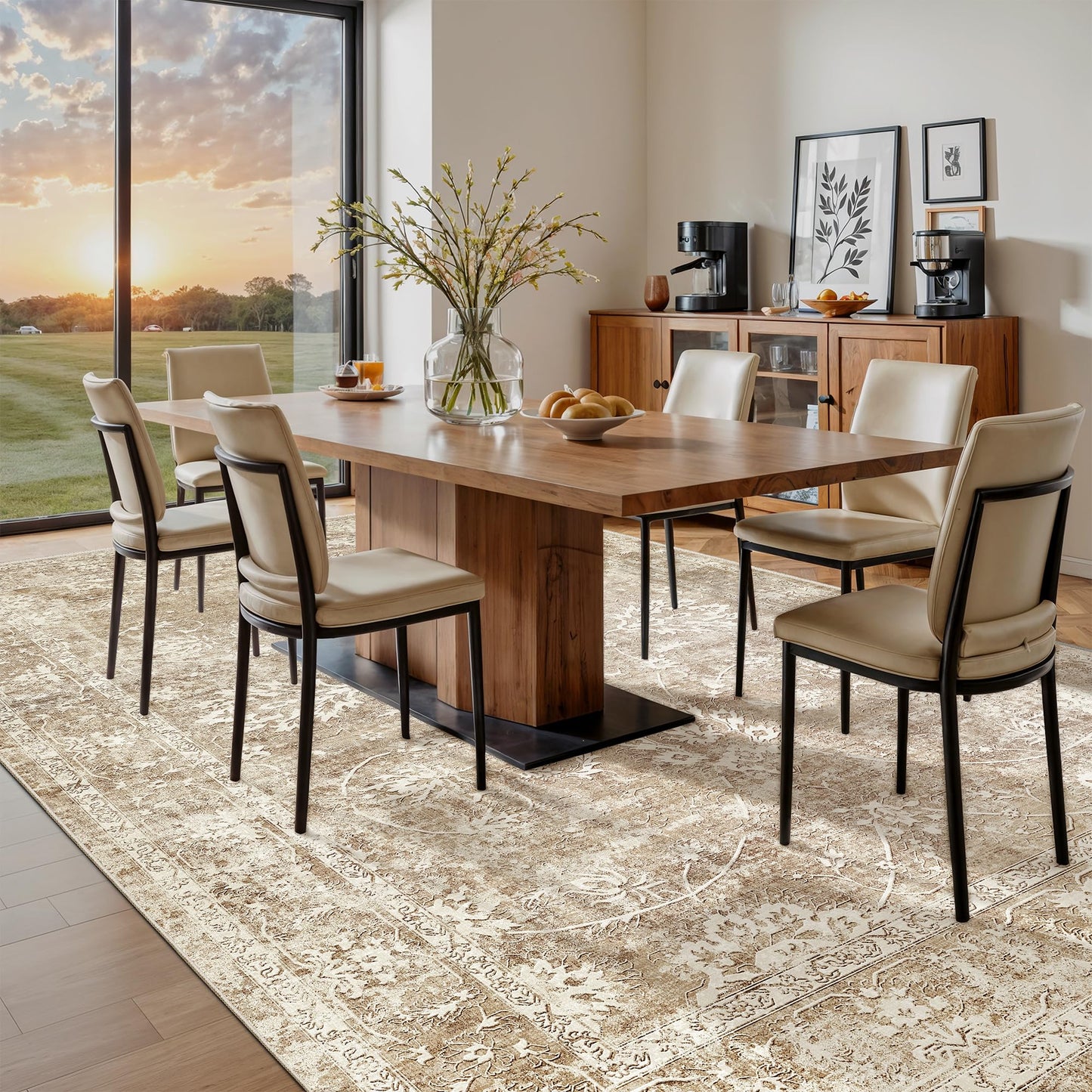 Madane 8x10 Area Rugs for Living Room, Machine Washable Vintage Neutral Rug with Non-Slip Backing, Soft Large Throw Rug, Thin Carpet for Bedroom Dining Room Farmhouse (8 x 10, Beige/Brown)