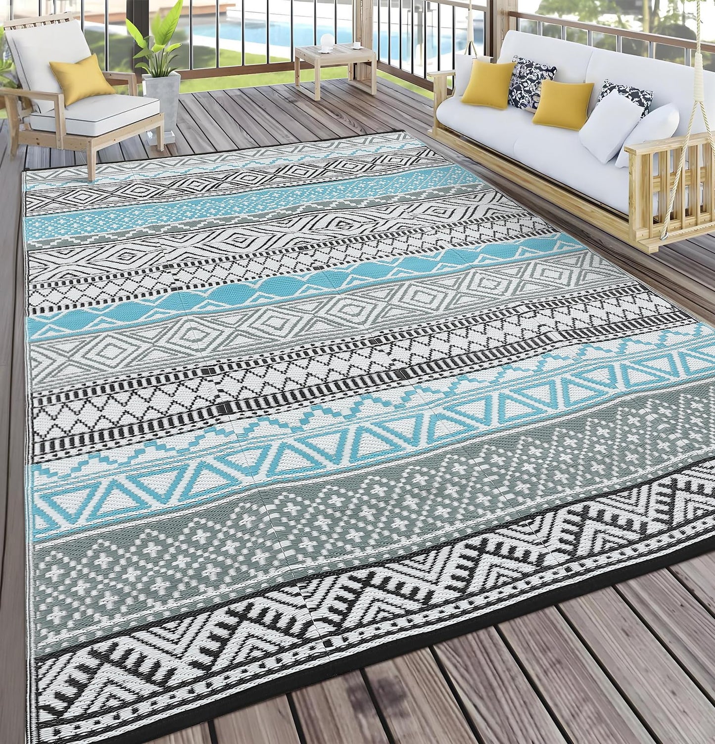 GlowSol Outdoor Rugs 9x12 Waterproof Portable Camping Carpet, Reversible Outdoor Plastic Straw Rug for Patio, RV Mat Bohemian Outdoor Rugs for Porch, Deck, Backyard, Balcony, Picnic,Blue/Grey