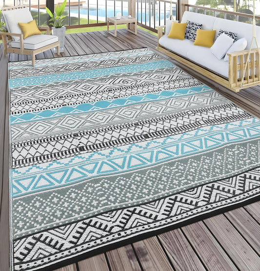 GlowSol Outdoor Rugs 9x12 Waterproof Portable Camping Carpet, Reversible Outdoor Plastic Straw Rug for Patio, RV Mat Bohemian Outdoor Rugs for Porch, Deck, Backyard, Balcony, Picnic,Blue/Grey
