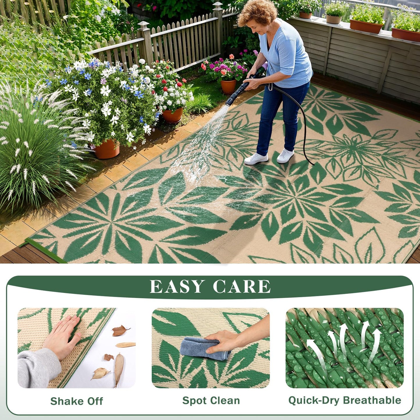 TUKDAK Waterproof Outdoor Rugs 5x8, Green Outdoor Plastic Straw Rug Double-Sided, Fade Resistant Patio Rug, Easy Cleaning RV Camping Mats Outside Carpet Portable for Balcony Porch Garden Deck Picnic