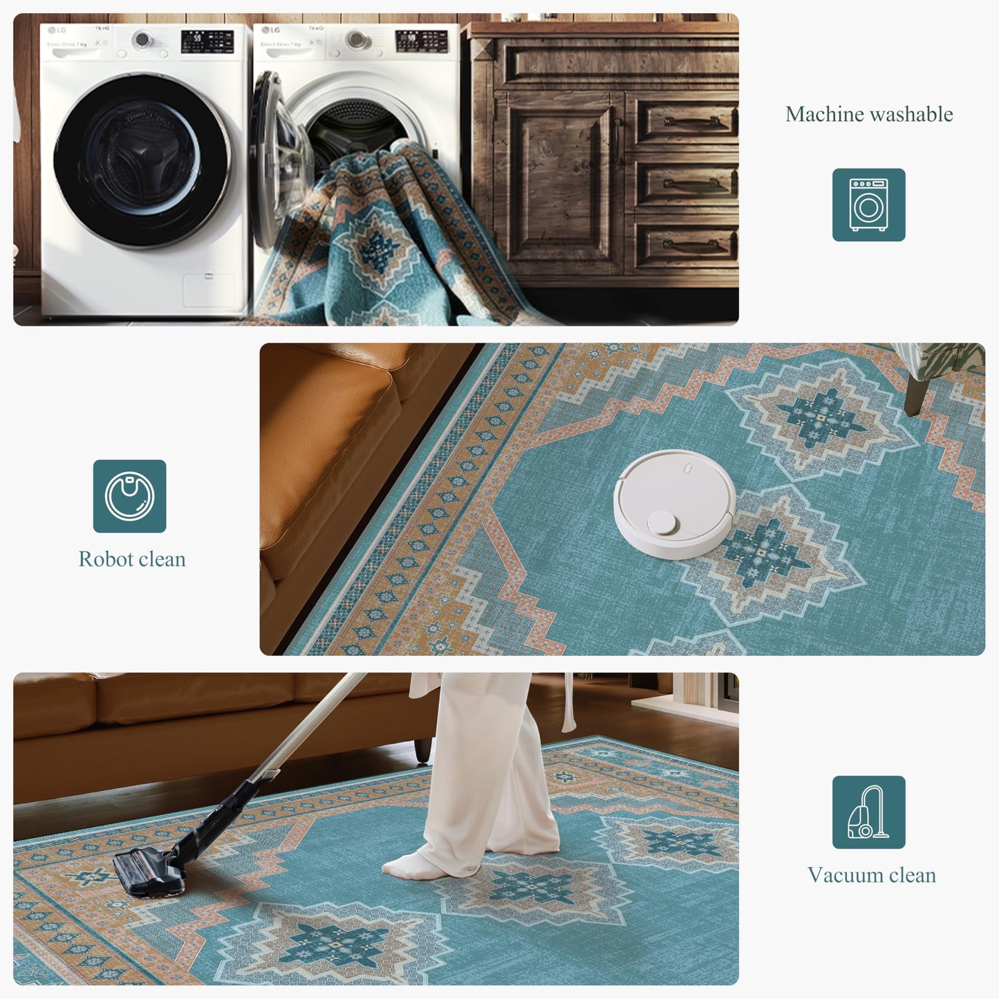 Clemile 6x6 Round Area Rug - Washable Ultra-Thin Living Room Rug Vintage Non-Slip Carpets - Soft & Stain Resistant Rug for Kitchen Bedroom Dining Room Blue Yellow