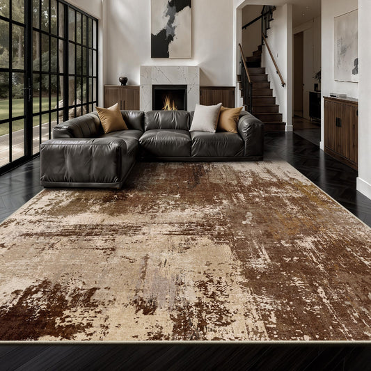 Yarooge 8x10 Rugs for Living Room - Modern Abstract Washable Rug, Ultra Soft Non Slip Low Pile Large Rugs, Floor Carpet for Bedroom Dining Room Office Laundry Nursery Home(A-Brown)