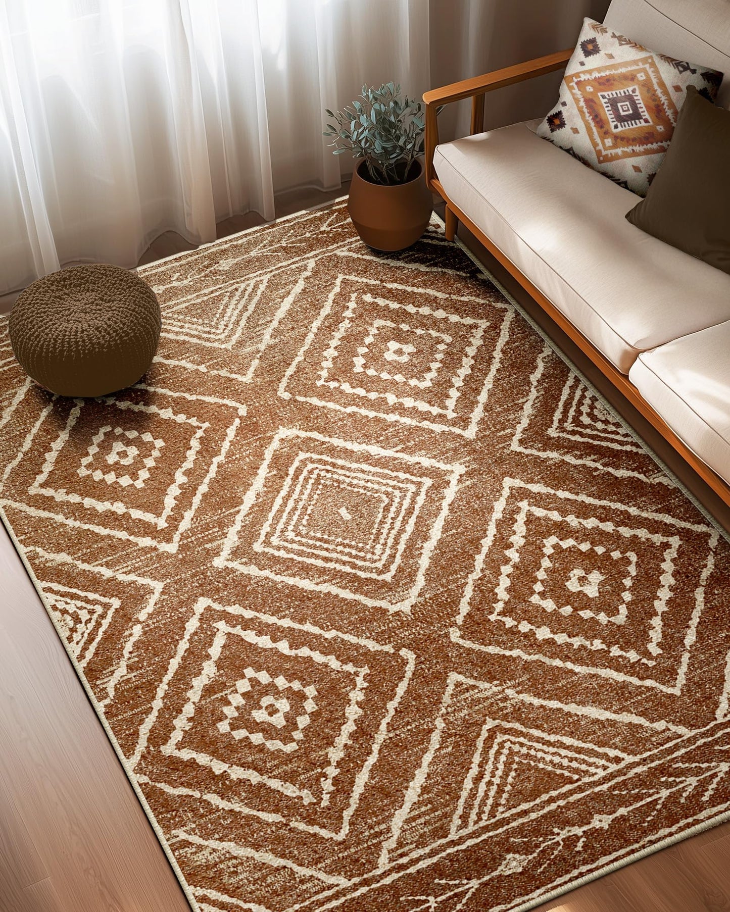 BESTSWEETIE Area Rug 5x7 Rug Machine Washable Non-Slip Low Pile Print Pattern Western Rug for Living Room Bedroom Entryway Tribal Series -Yellowbrown/Cream