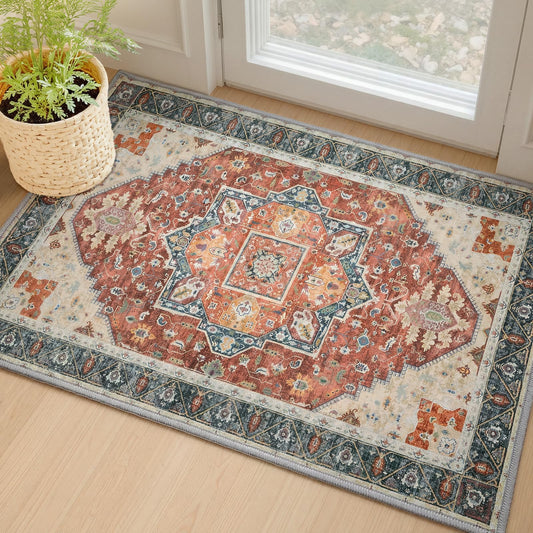 MINIDEAR 2x3 Area Rugs for Entryway Kitchen, Washable Rug Small Accent Rugs for Bedroom Non Slip Vintage Rug Thin Carpet Mat for Home, Red