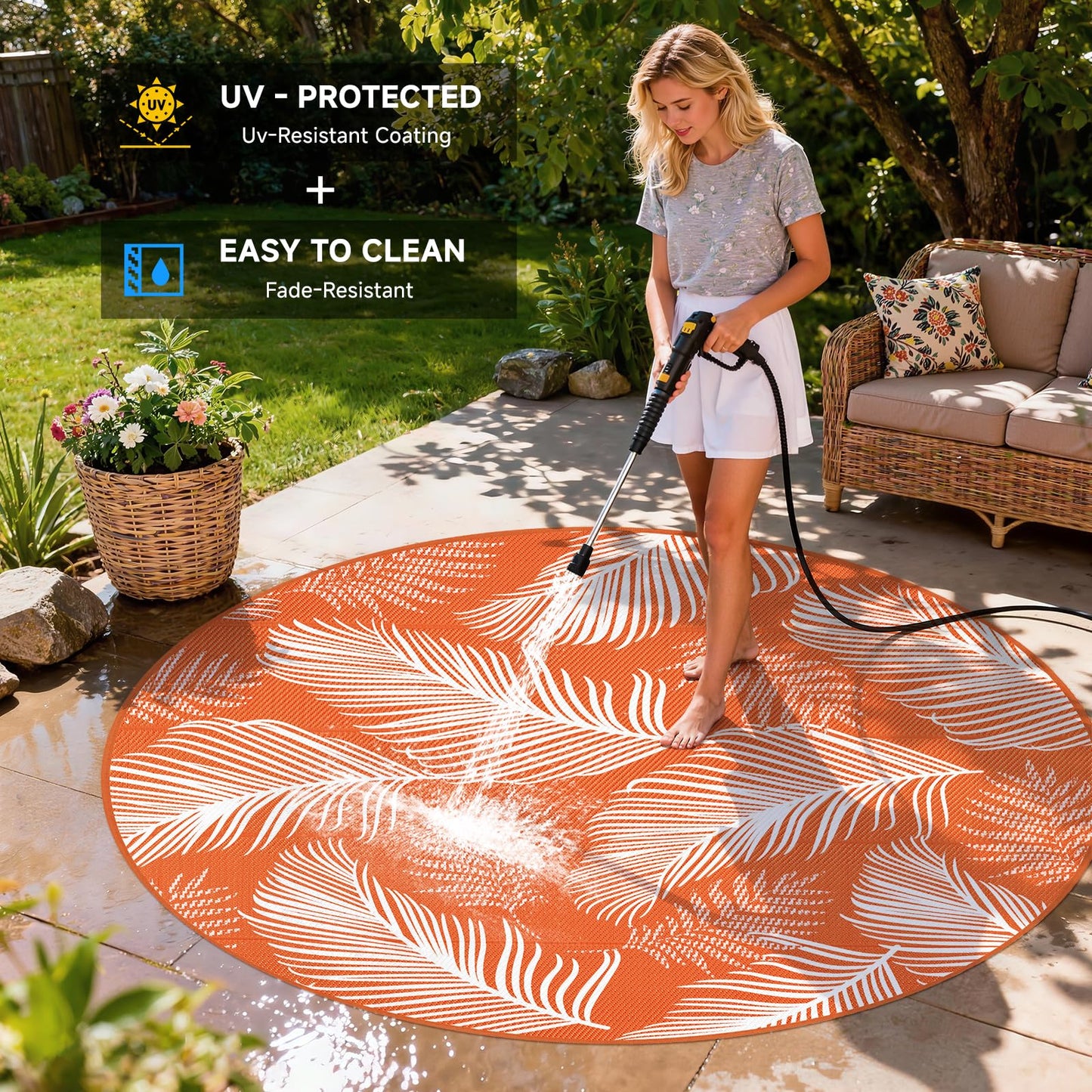Pauwer Waterproof Outdoor Rug 8ft, Reversible Plastic Straw Patio Camping Rug, Indoor Outdoor RV Mat Carpet for Deck, Camper, Porch, Balcony, Backyard, Picnic, Leaf Orange