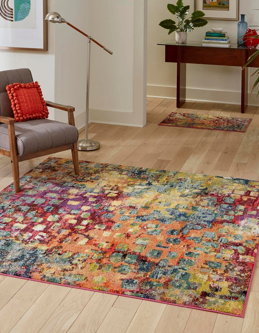 Unique Loom Jardin Collection Colorful, Vibrant, Abstract, Modern Area Rug (4' 0 x 4' 0 Square, Multi/Blue)