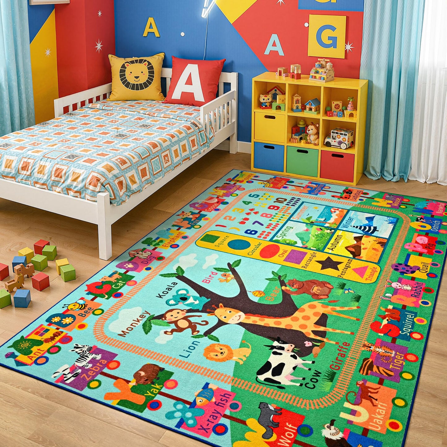 Maxsoft Kids Rug for Playroom, Educational 4x6 Play Mat for Classroom, Washable Playmat for Learning ABC Alphabet Animal Season Shapes Numbers Daycare Rug for Kids Room Nursery Children Toddler