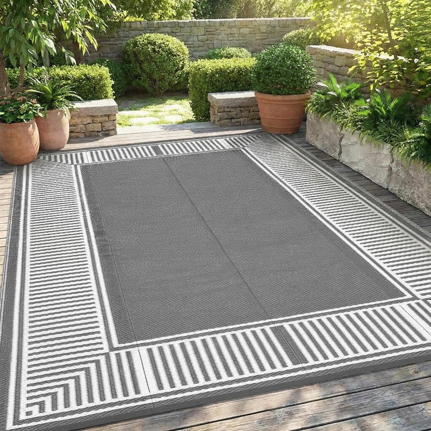 GAOMON Waterproof Outdoor Rug for Patios 9x12 Reversible Plastic Straw Area Rug, Indoor Outdoor Large RV Camping Carpet Mat for Picnic, Backyard, Deck, Balcony, Porch, Beach,Border-Grey
