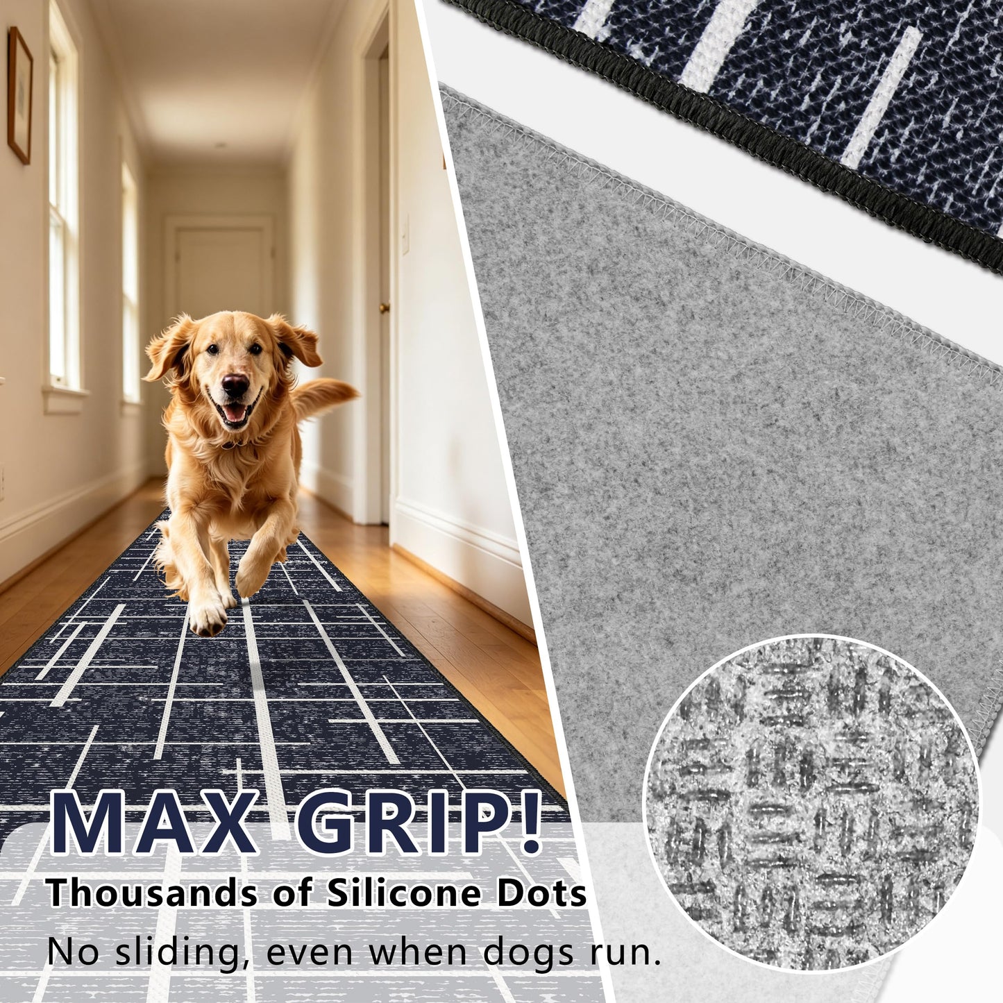 TTelephant Modern Stripe Hallway Runner Rug Non Slip, Washable 2x10 Runner Rug, Woven Thin Low Pile Carpet Runners for Hallway 10ft Entryway, Kitchen, Walkway -Midnight Black