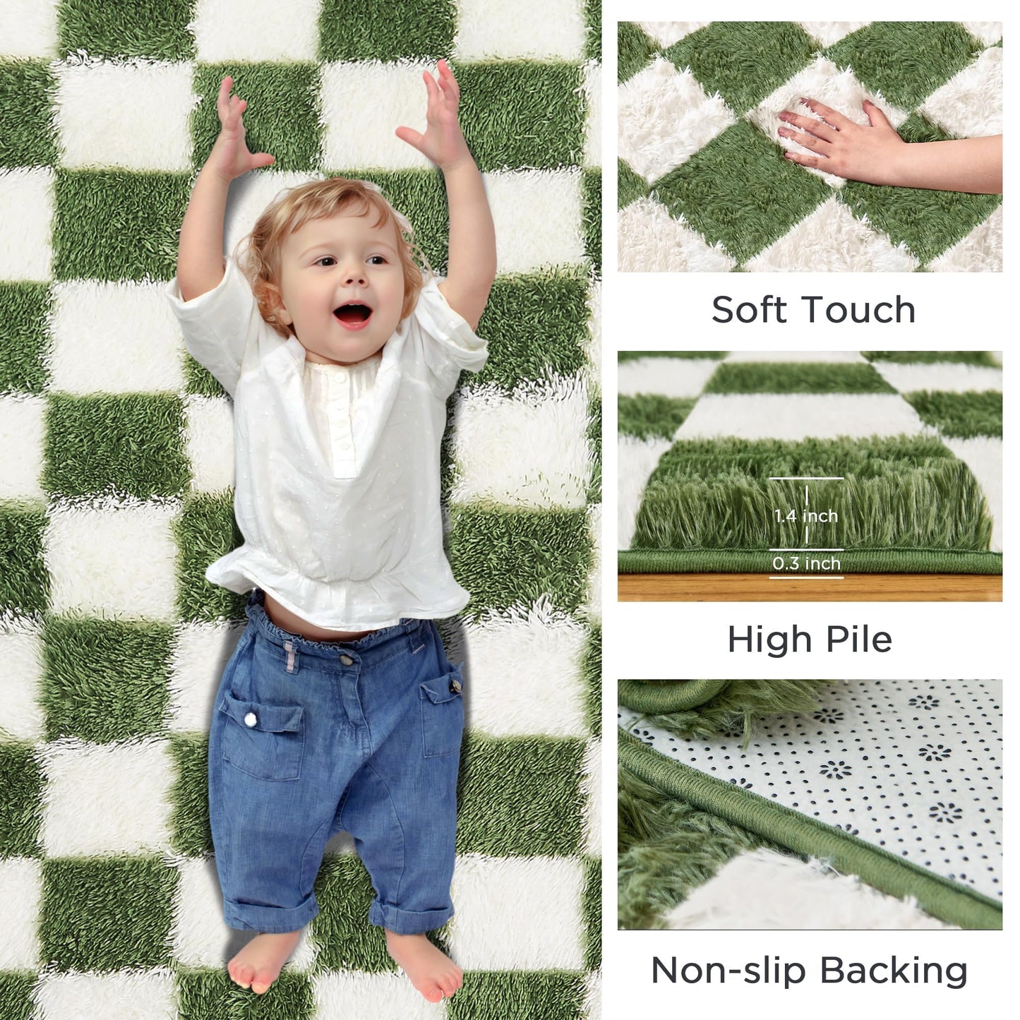 Andency 5x7 Ft Green and White Area Rug for Living Room Classic Checkered Shaggy Rug Non-Slip High Pile Soft Fluffy Rug Fuzzy Carpet Bedroom Kids Toddler Room Nursery Playroom, Cute Dorm Home Decor