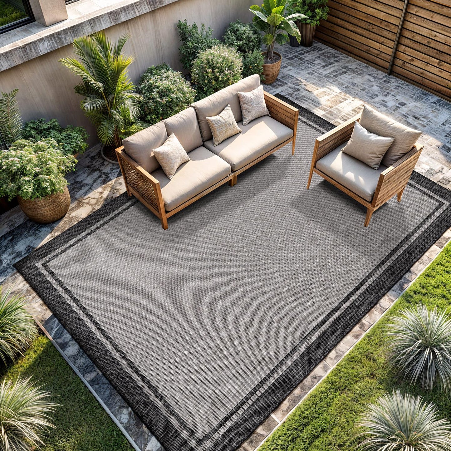 CAMILSON Indoor Outdoor Rug, 9x12 Bordered Gray Modern Area Rugs for Large Indoor and Outdoor Patios, Kitchen and Hallway Mats, Washable Porch Deck Outside Carpet (Bordered Grey, 9 x 12)