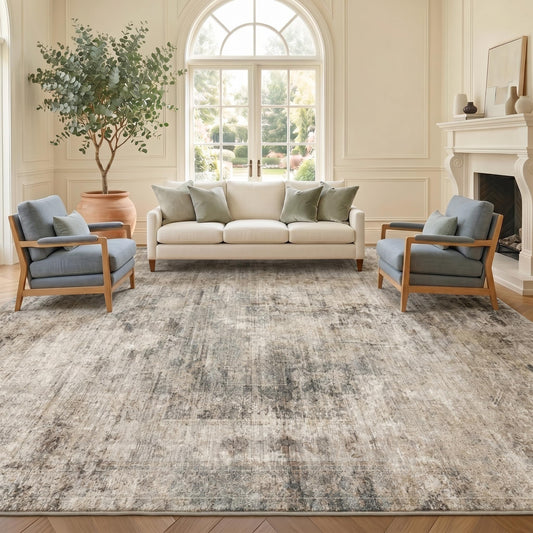 Farmhouse 8x10 Washable Area Rugs for Living Room, Neutral Taupe Brown Abstract Rug for Dining Room and Bedroom, Soft Foldable Low Pile Carpet, Stain Resistant Non-Slip Backing