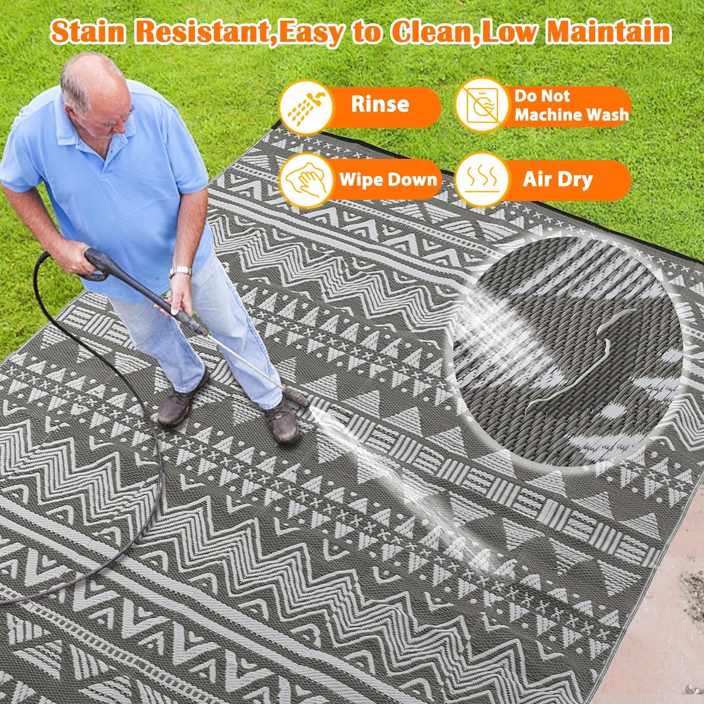 Outdoor Patio Rugs 8x10 Waterproof Outdoor Plastic Straw Rug Reversible Outdoor Rug 8x10 Clearance Rv Mat UV Fade Resistant ,Stain Resistant, Grey White Outside Rug for Deck,Balcony,Camping,Pool