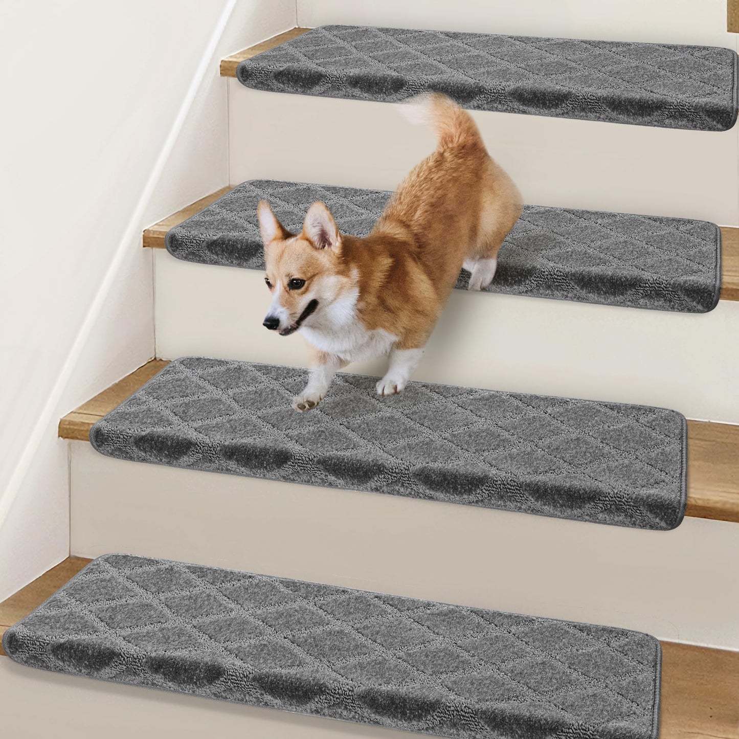 Bullnose Stair Treads Non Slip 9.5" x 32", 14 Pcs Carpet Stair Treads for Wooden Steps Indoor with Edge Protection, Reusable Peel and Stick TPU Backing Stair Runner Rugs - Diamond Pattern Grey.