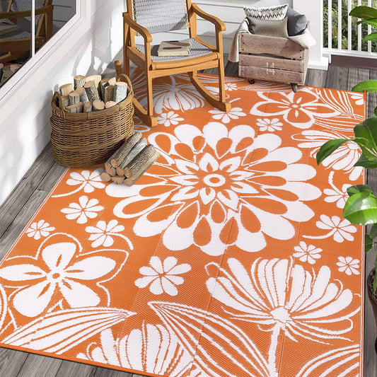 Ileading Outdoor Patio Rug, Orange Floral Reversible Outdoor Rug, Waterproof Plastic Straw Mat, Portable Outside Deck Area Rug, Camping RV Carpet for Porch Balcony (6×9 ft)