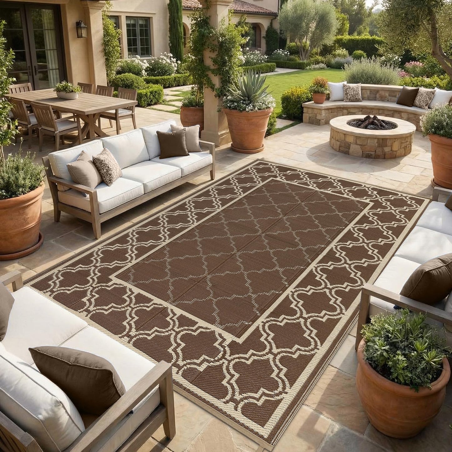 Garvee Reversible Outdoor Rug 5x8, Waterproof Outdoor Plastic Straw Rug with Interlacing Pattern, RV Mat for Picnics, Patio, Camping, Balcony, Deck, Backyard, Porch, Brown