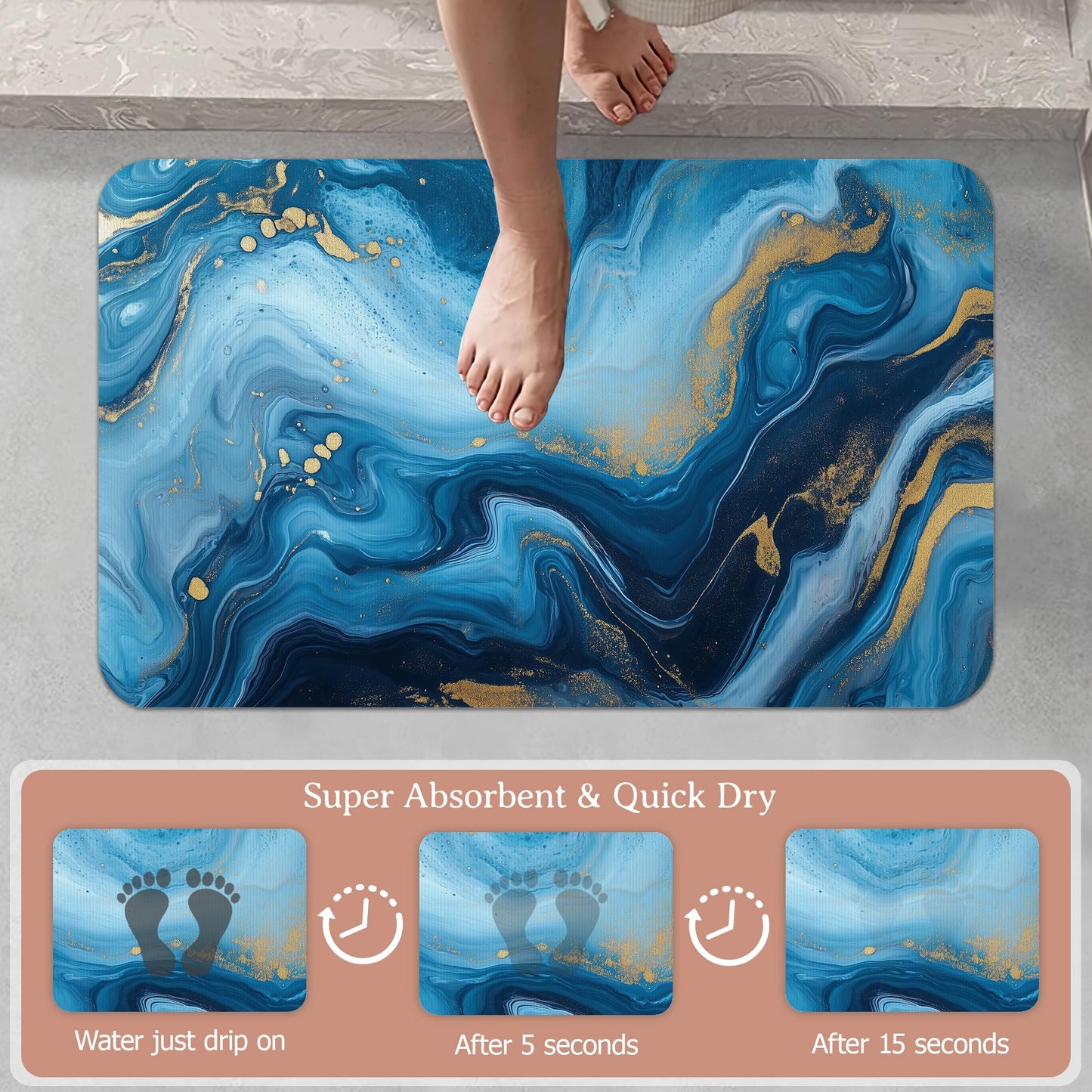 ZTHLL Bath Mat,Blue Gold Flowing Marble Bathroom Rugs,Quick-Drying Non-Slip Rubber Bath Mats Absorbent Diatomaceous Earth Mat for Bathroom Home Decor 17"x29.5"