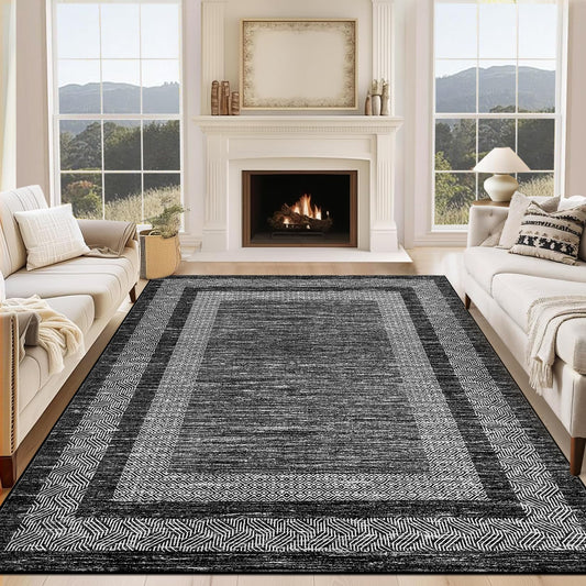 GarveeHome Area Rug 8x10 Modern Geometric Living Room Rug Non Slip, Thin Washable Carpet, Soft Non Shedding Foldable Floor Covering, Low Pile Thin Printed Mats for Bedroom Office, Black