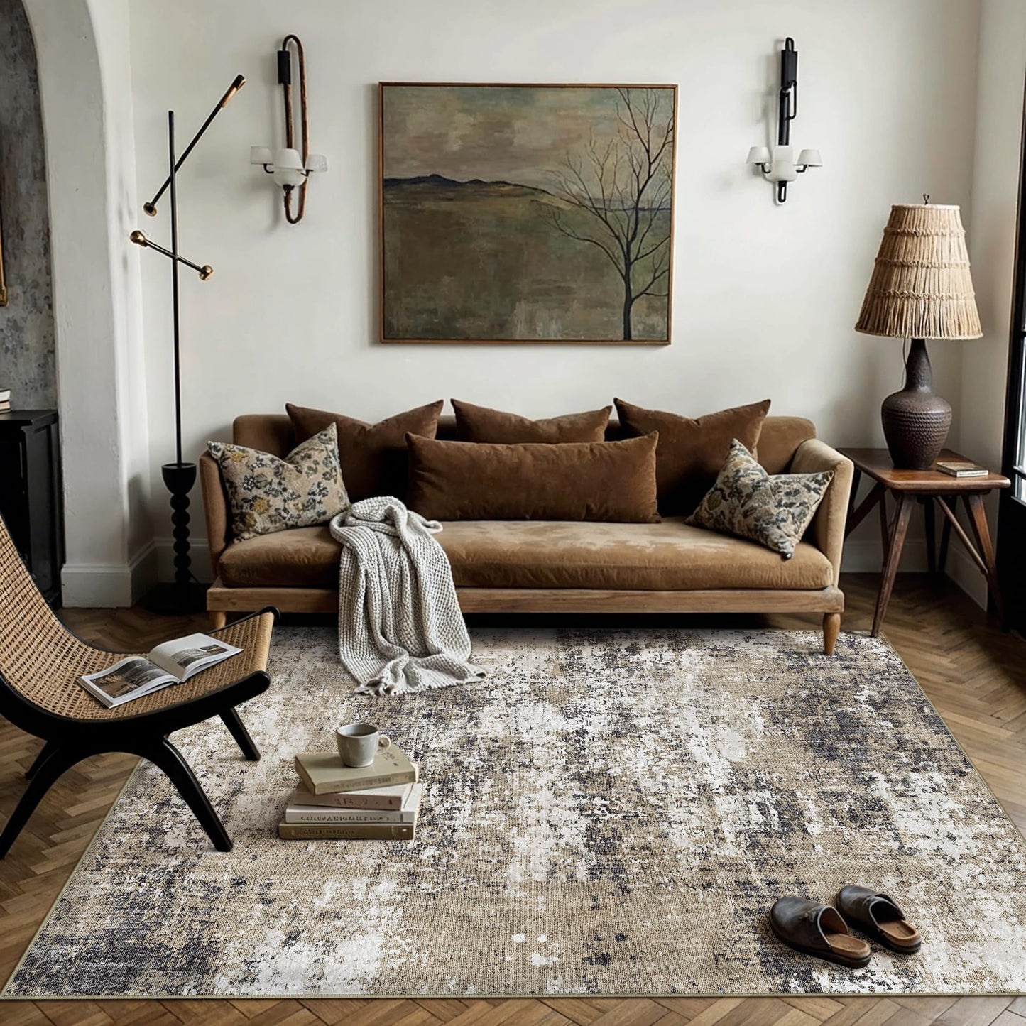PureCozy 5x7 Abstract Area Rug Brown Washable Non Slip Living Room Carpet Modern Neutral Low Pile Soft Bedroom Throw Rug Contemporary Indoor for Kitchen Office Laundry Dining Room Bathroom
