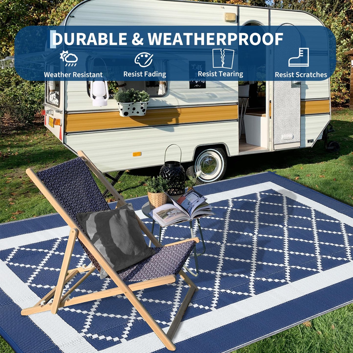 COZYLOOM Outdoor Patio Rug 9x18 Waterproof Reversible Plastic Straw Mat, Large Indoor Outdoor Rugs Modern Area Rug for Deck, Balcony, Pool, Camping, Beach, Picnic, Porch, RV, Navy&White