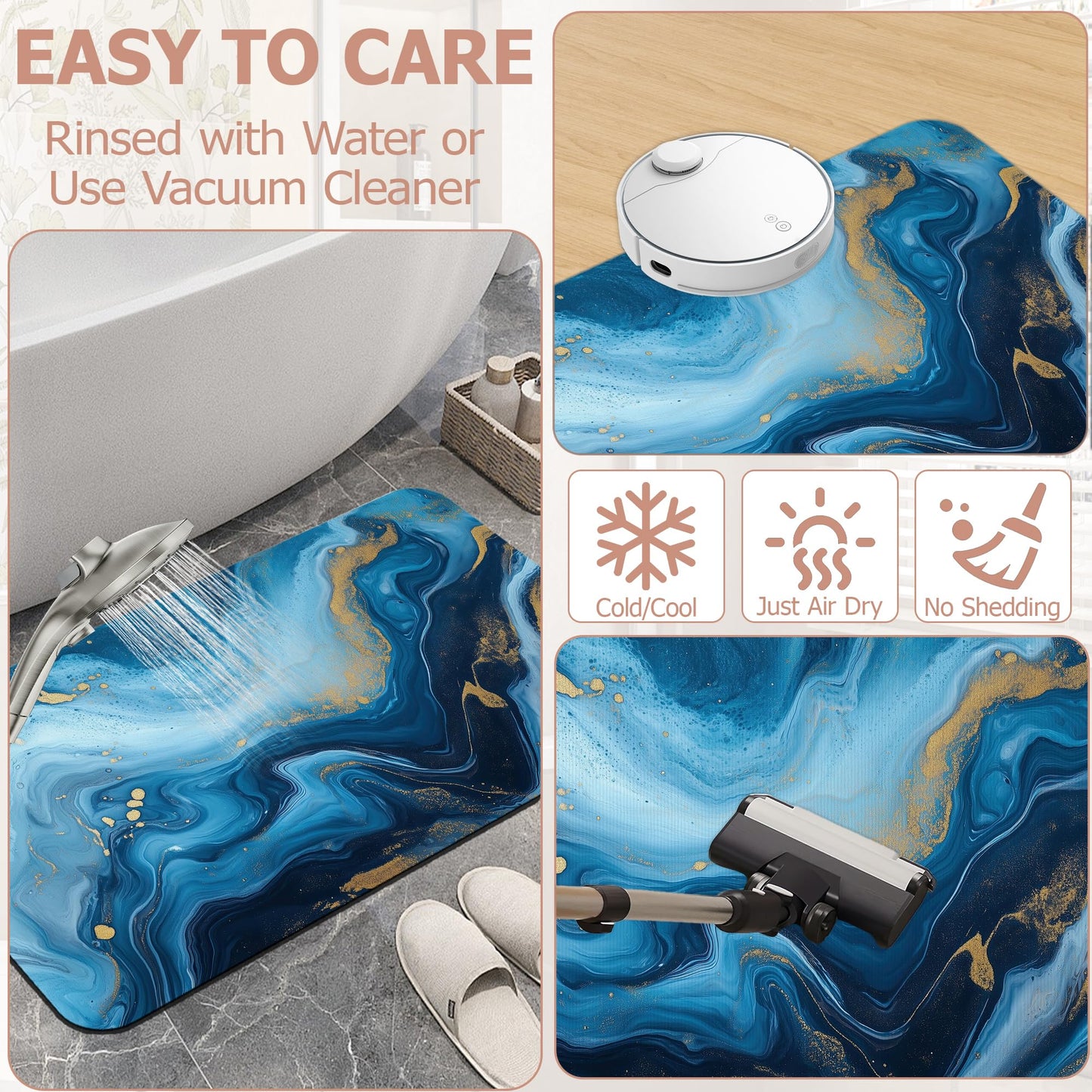 ZTHLL Bath Mat,Blue Gold Flowing Marble Bathroom Rugs,Quick-Drying Non-Slip Rubber Bath Mats Absorbent Diatomaceous Earth Mat for Bathroom Home Decor 17"x29.5"