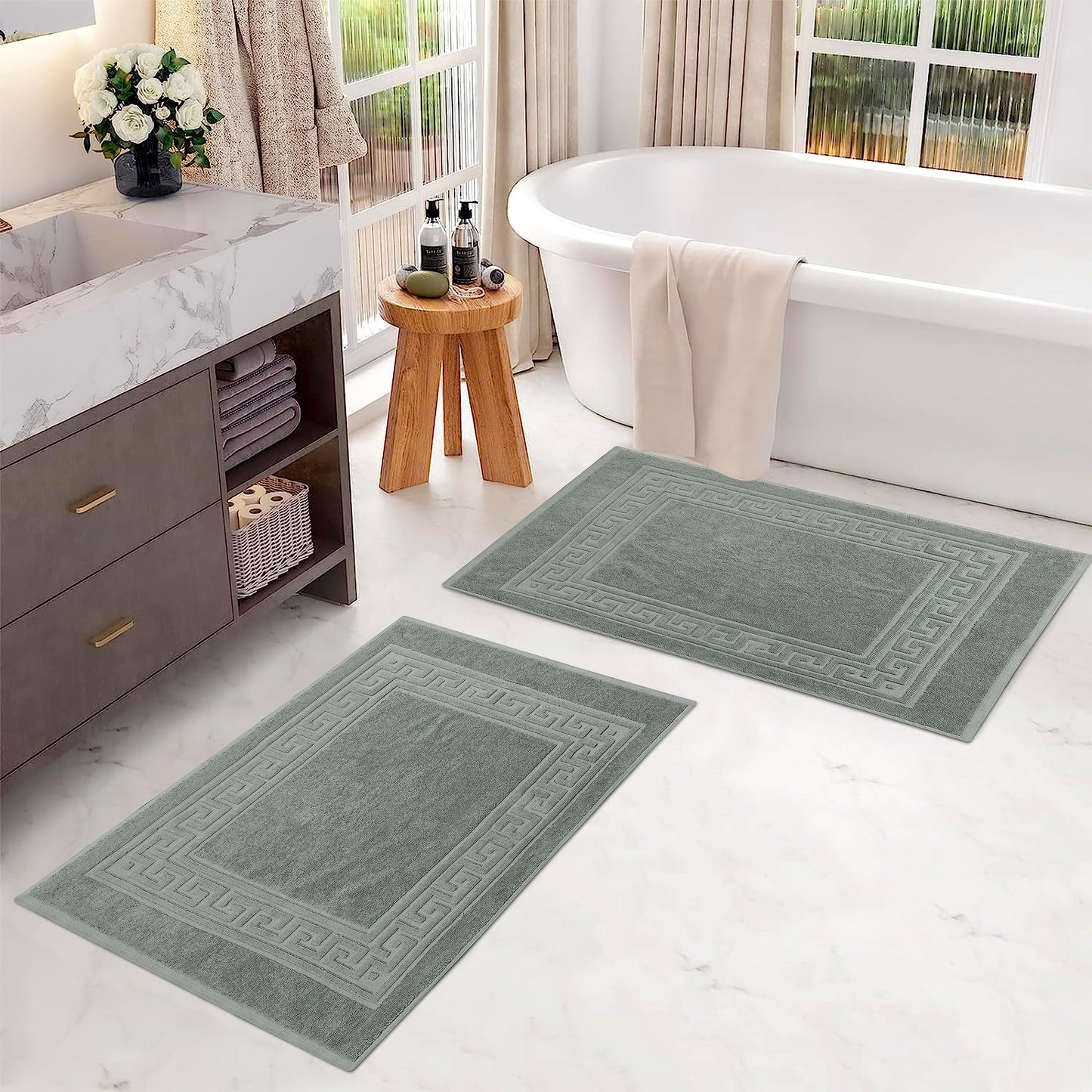 Superior Heavyweight Cotton Bath Mats, Bath Rugs For Bathroom Accessories, Washable Rug For Shower, Bath, Toilet, Modern Decor, No Backing, Luxury Hotel And Spa Quality, Set of 2, 22" x 35", Sage