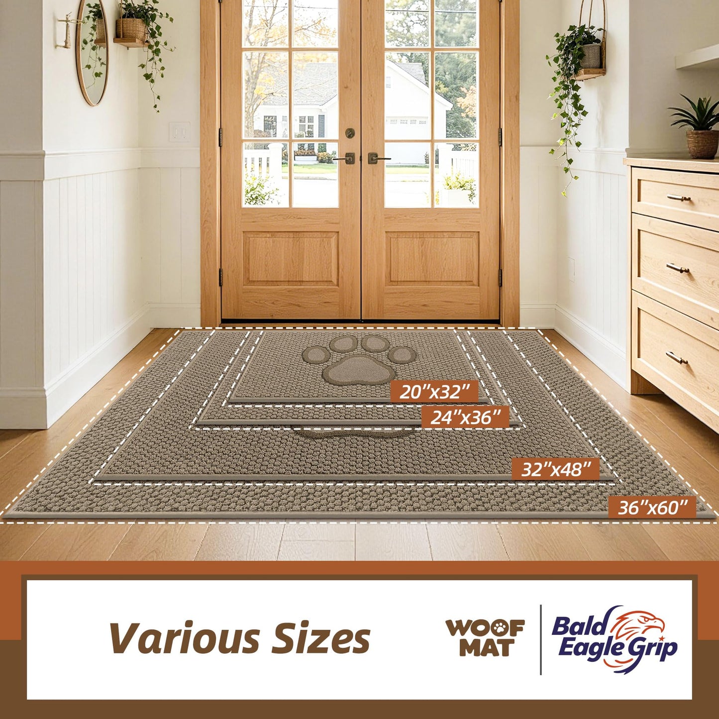 Bald Eagle Grip Dog Paw Doormats 20''x32'' for Dirty Paws, Washable Entryway Rugs Floor Mats Dirt Trapper with TPR Backing, Absorbent Low Profile Door Mat for Front Door, Hallway, Entryways, Beige
