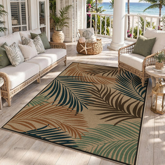 Tribesigns Easy Jute 5x7 Washable Indoor Outdoor Rugs, Coastal Blue/Tan/Green Patio Rug, Boho Leaf Beach Non Slip Living Room Area Rugs for Bedroom, Farmhouse Dining Room Carpet for Backyard Office