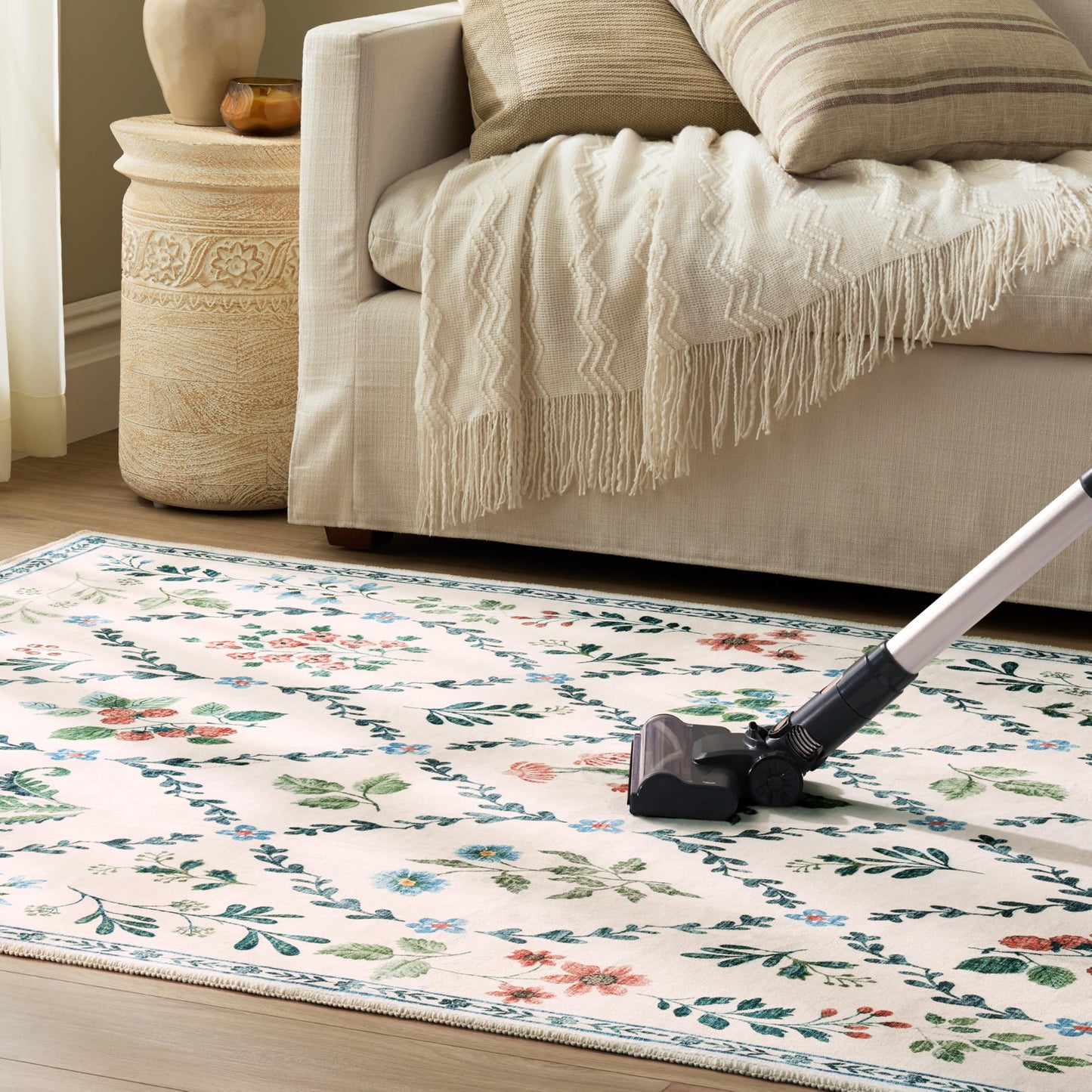 EVERWASH Haven Floral Trellis Machine Washable Area Rug with Airflo Technology for Easy Clean, Ultra-Soft Non-Slip Rug with Built-in Pad, Pet, Family & Allergy Friendly, Ivory, 2'6"x7'