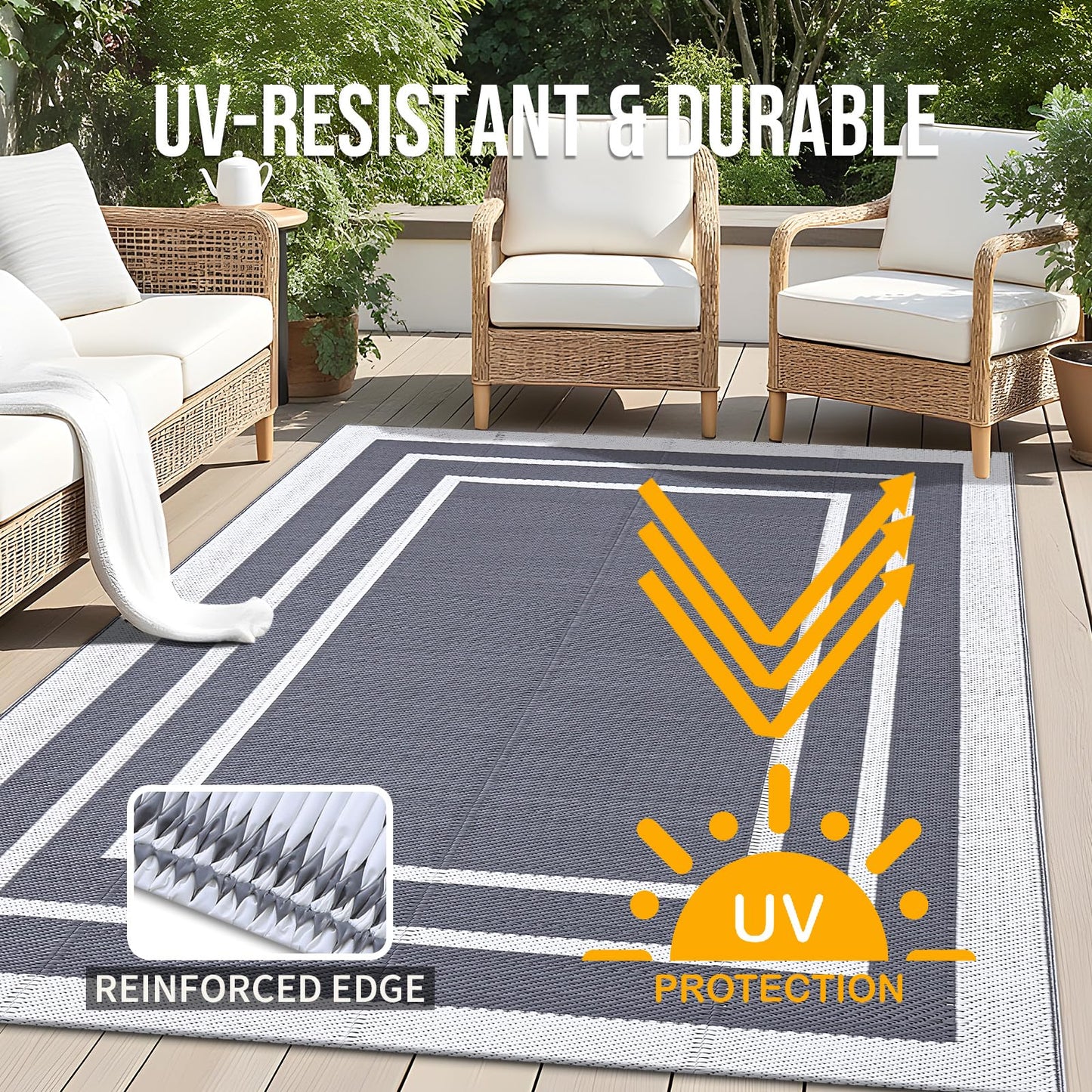 OLANLY Outdoor Rug 4x6 ft Waterproof, Reversible Outdoor Plastic Straw Rug, RV Mat, Indoor Outdoor Carpet Clearance for Patio, Camping, Balcony, Deck, Backyard, Grey & White