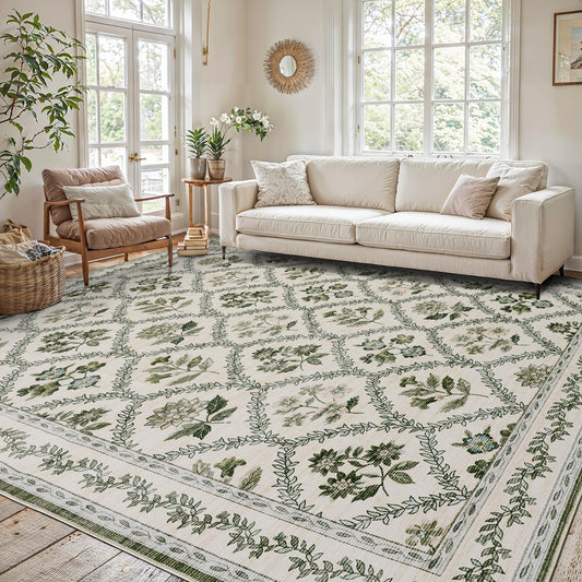 Olive Green Area Rug for Living Room 5x7 Decor Floral Area Rugs for Bedroom Dining Room Machine Washable Boho Vintage Farmhouse Floral Carpet, Hunter Green and Beige Cream
